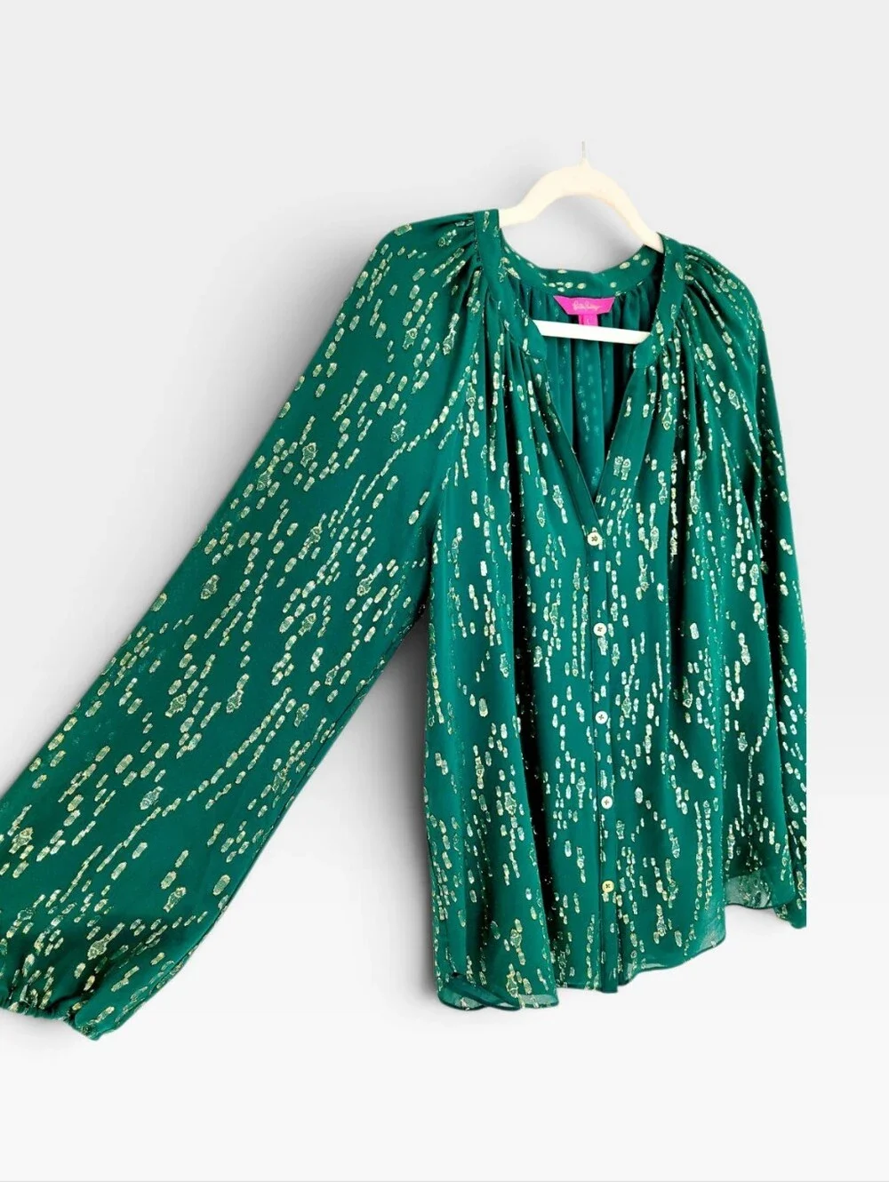 LILLY PULITZER Saige SILK Blouse Top In Evergreen & Metallic Gold Large